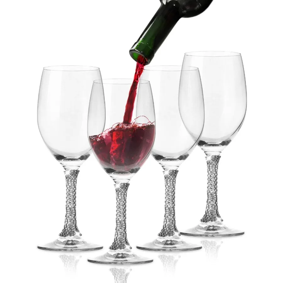 

Набор из 4 бокалов для вина премиум-класса — бокал для вина с длинным стеблем и серебряным дизайном стебли со стразами — 12 унций