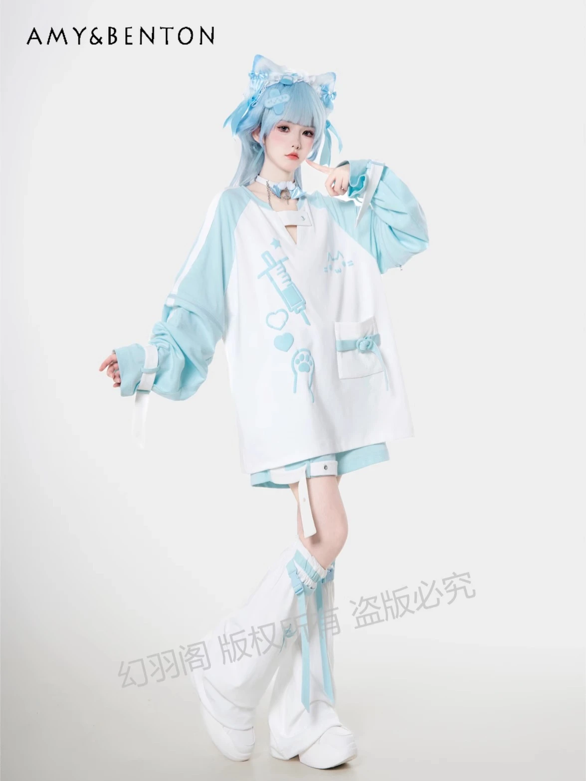 Original Mine Japanese Two-dimensional Sleeve Detachable T-shirt Shorts Set Summer Subculture Goth Splicing Color Oversized Top