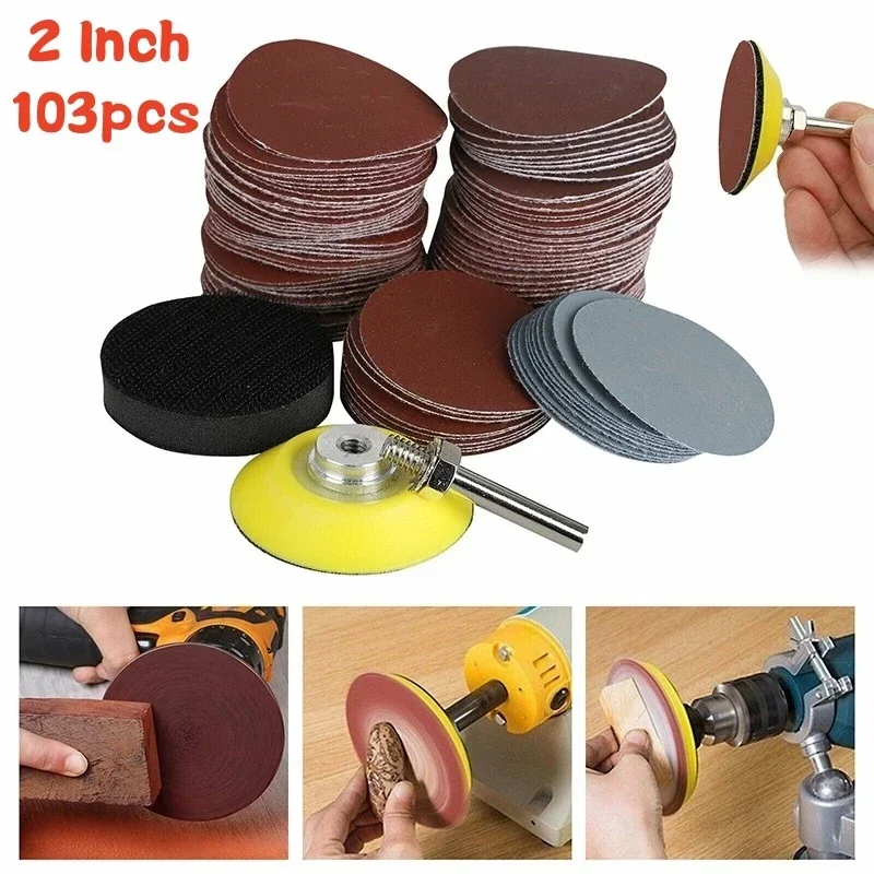 103Pcs Round Sandpaper Discs Sand Sheets Self-adhesive Hook and Loop Sanding Disc Polishing Flocking Sandpaper Sheet 2 Inch