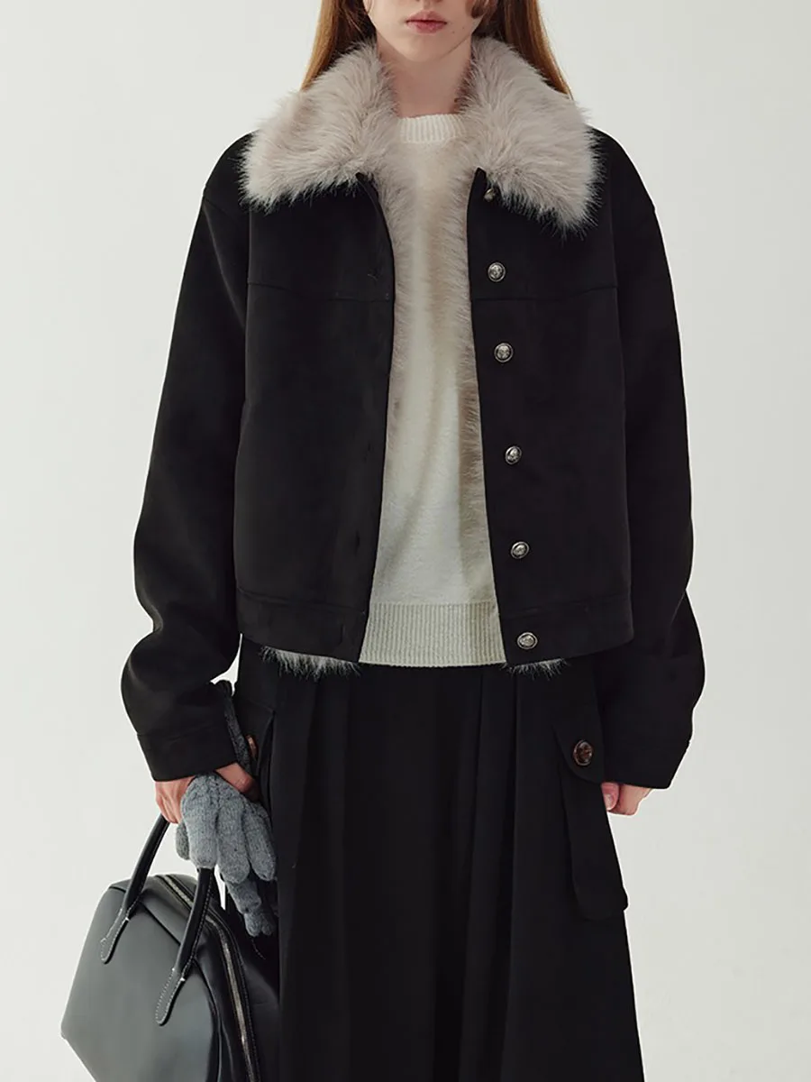 

Ретро-кэжуал куртка из замши с отстегивающимся воротником из меха, женская, из утолщенного полиэфирного хлопка, модный стиль для путешествий