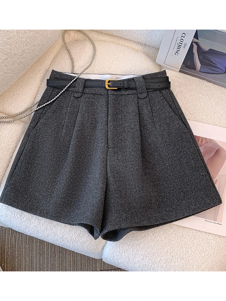 Autumn Winter Korean Chic High Street Versatile Women's Outerwear Trousers Wide Leg Pants New Women Woolen High Waisted Shorts