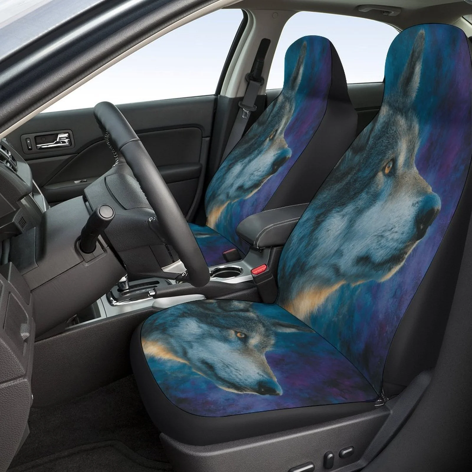Wolf Portrait Designed Car Seat Cover Set For Most Cars, Trendy Novelty High-quality Car Seat Protector Covers Full Set, Univers