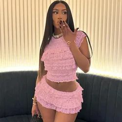 Women Sexy Tierred Lace 2 Piece Set Summer Elegant Short Sleeve Crop Tops + Shorts Skirts Casual Streetwear Suit Party Clubwear