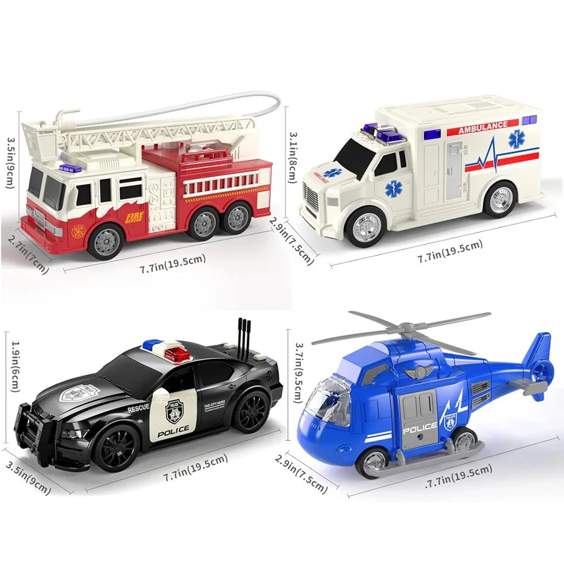 4 Packs Emergency Vehicle Toy Playsets, Friction Powered Vehicles with Light and Sound, Including Fire Truck, Ambulance Toy