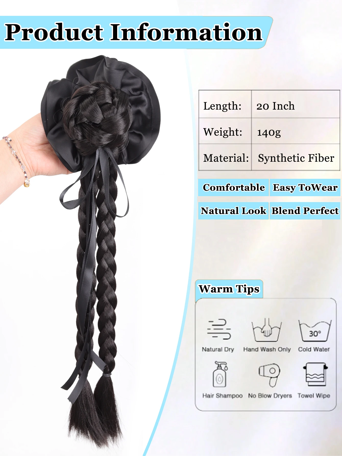 20Inch Synthetic New Chinese Style Ribbon Bun Double Braid Black Ponytail Extension With Clip Clips For Women Party Daily
