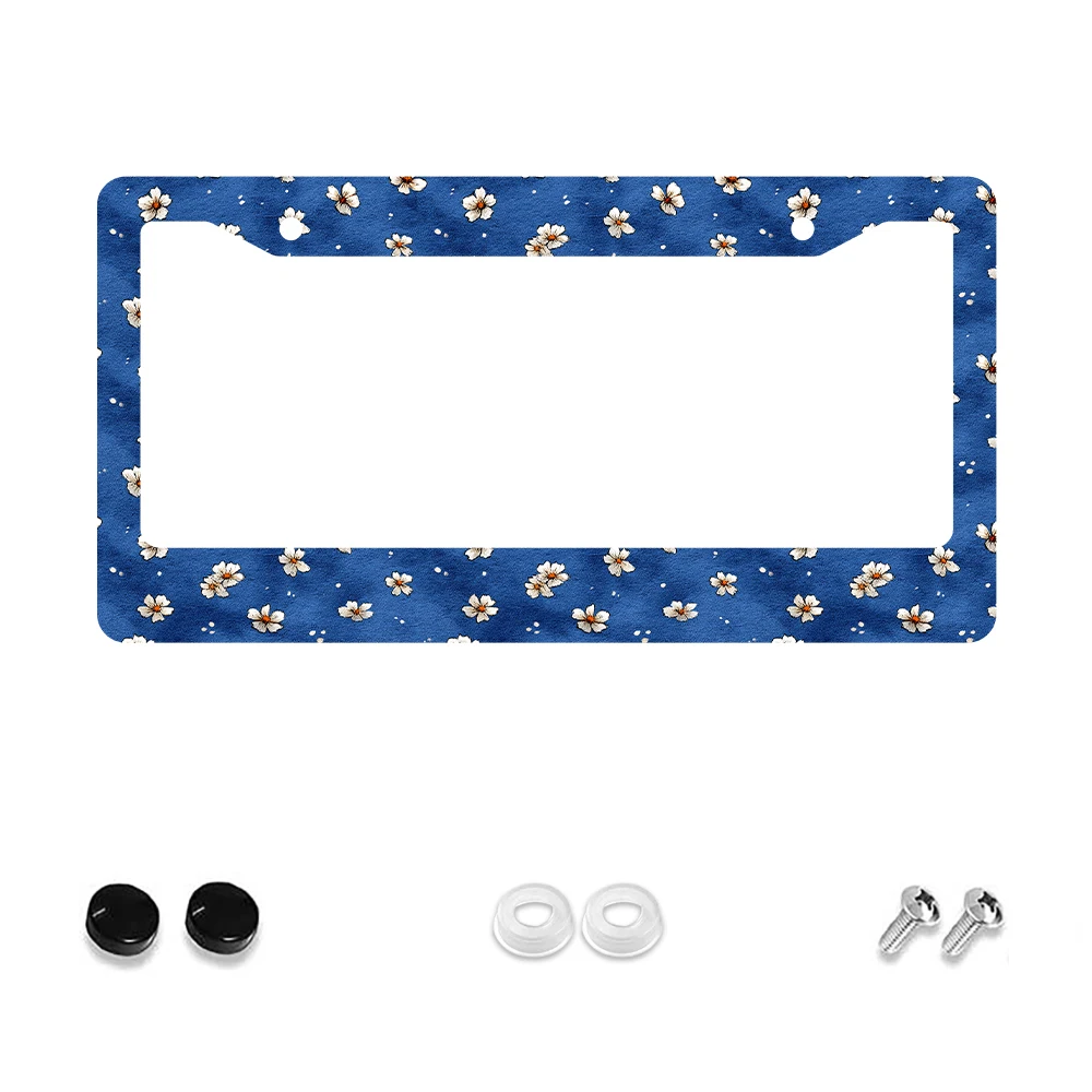 

1pc Blue Floral Pattern 2-Hole License Plate Frame, Aluminum Material, 6x12 Inches with Screw Kit, Vintage Cartoon Car Decorati