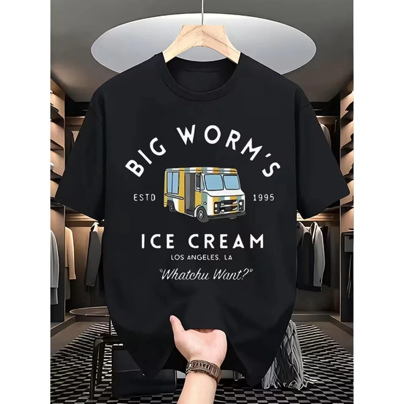 Plus Size Mens Clothing Big Worms Ice Cream Truck Graphic T Shirt Tee With 1995 And Whatchu Want Cursive Design Casual Summer Fashionable Gift For And Ice