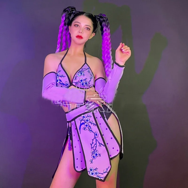Purple Bikini Skirt Women DJ DS Gogo Dance Costumes Sexy Cosplay Pole Dance Clothing Stage Festival Outfit Clubwear XS7053