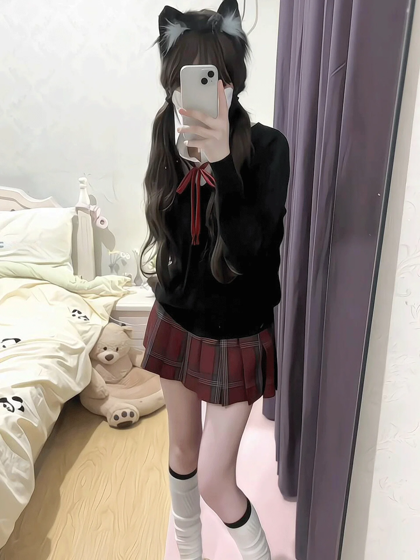 

Japanese Sle JK orm Red Plaid Skirt Set Women's Knitted Long Sve Loose Outerwear irt High Waist Pleated Skirt