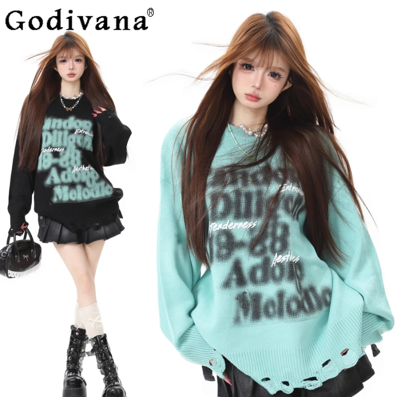 

Retro Letter Print Design Sweater for Women Autumn Winter Loose Versatile Pullovers Female Japanese Style Knitted Jumpers
