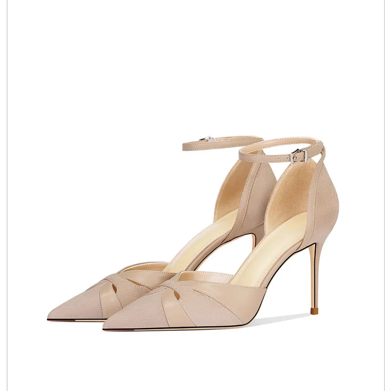 

2025 New Nude High Heels Women Genuine Leather Pointed Toe Stiletto Slingback Sandals
