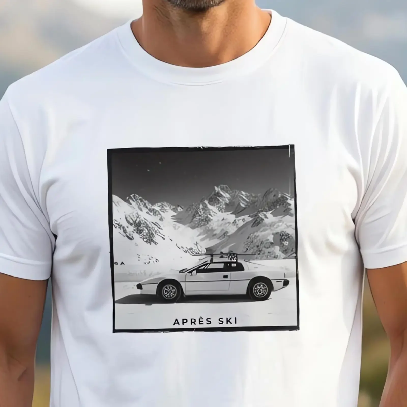 Classic Sports Car T Shirt Black and White Photo Après Ski  vintage Washed streetwear Stylish Soft Casual homme