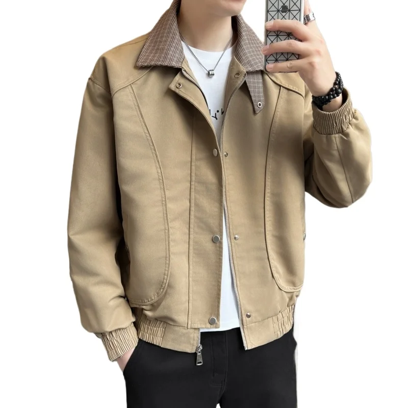 

Autumn Man Coat Plaid Patchwork Turn Down Collar Male Fake Two-piece Jacket Vintage Long Sleeve Zipper Loose Men Outerwear