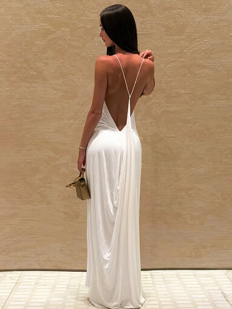 Sibybo Women Sexy Backless Strapless Slip Maxi Dress Solid Color U Neck Sleeveless Slim Fit Draped Long Dress Fashion Beachwear