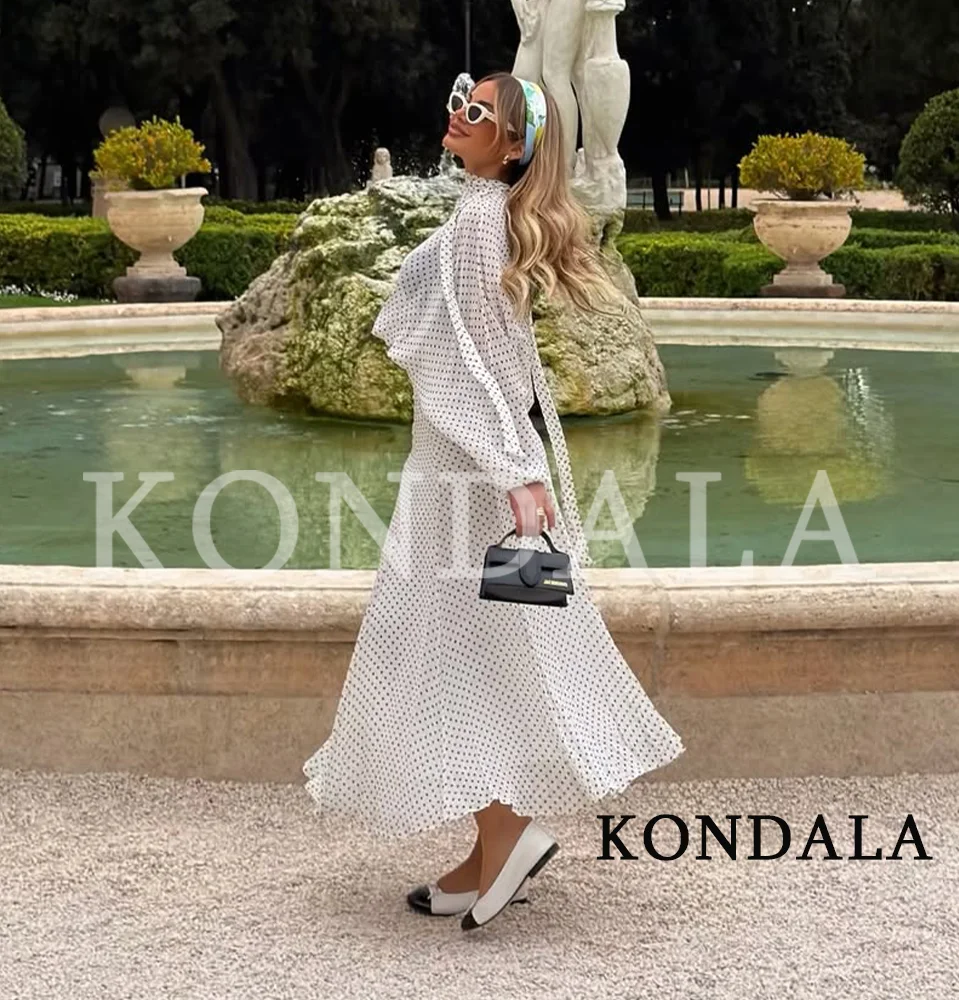 KONDALA Women Leisure Polka Dot Chiffon Skirt Set Elegant Holidays Party Ladies Set Translucent Bow Shirt,Midi Skirt 2026 Summer