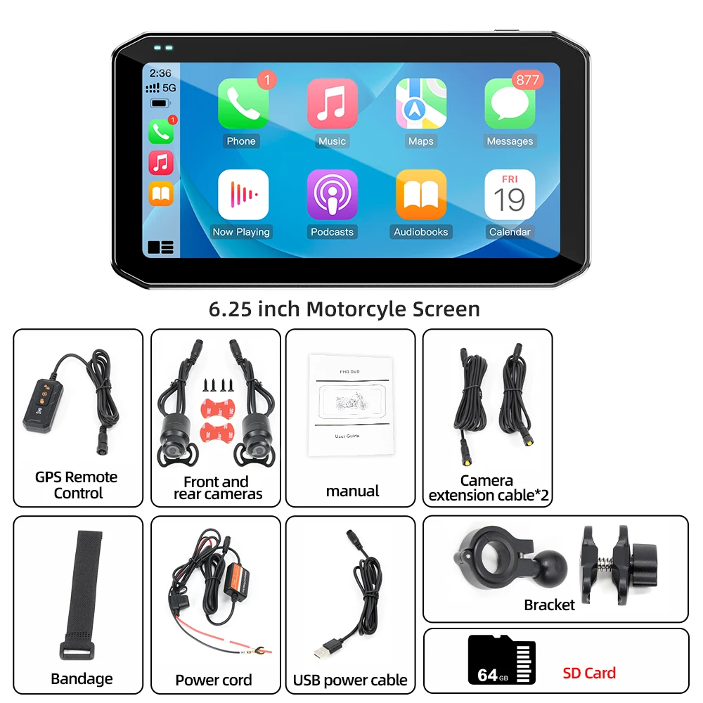 6.25inch Motorcycle Monitor 1080P DVR Recorders Wireless CarPlay Android Auto Navigation Display GPS Remote Control TPMS BSD image 3