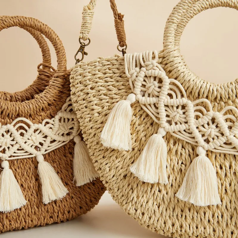 Women\'s Half Moon Shape Straw Bag Simple Hand Woven Paper Rope Tassel Handbag Summer Bohemia Bali Travel  Beach Crossbody Bag