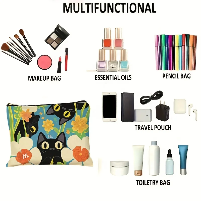 Urocza kosmetyczka z czarnym kotem i kwiatowym wzorem - wielofunkcyjna, pojemna, przenośna kosmetyczka.