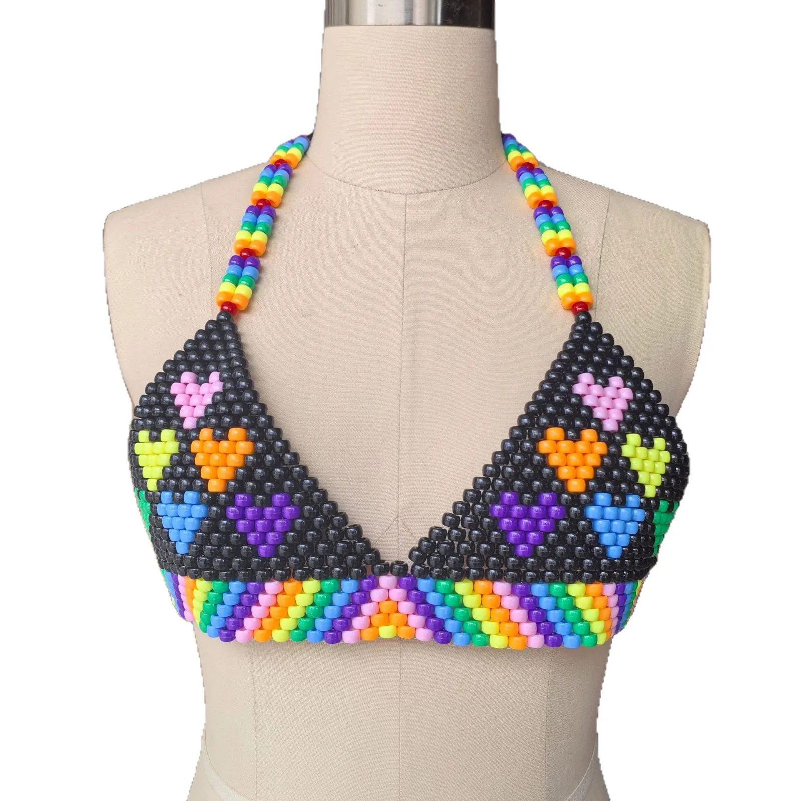 

European & American Style Colorful Heart-Pattern Knit Vest Summer Handmade Beaded Cutout Back Body Chain For Hot Girls