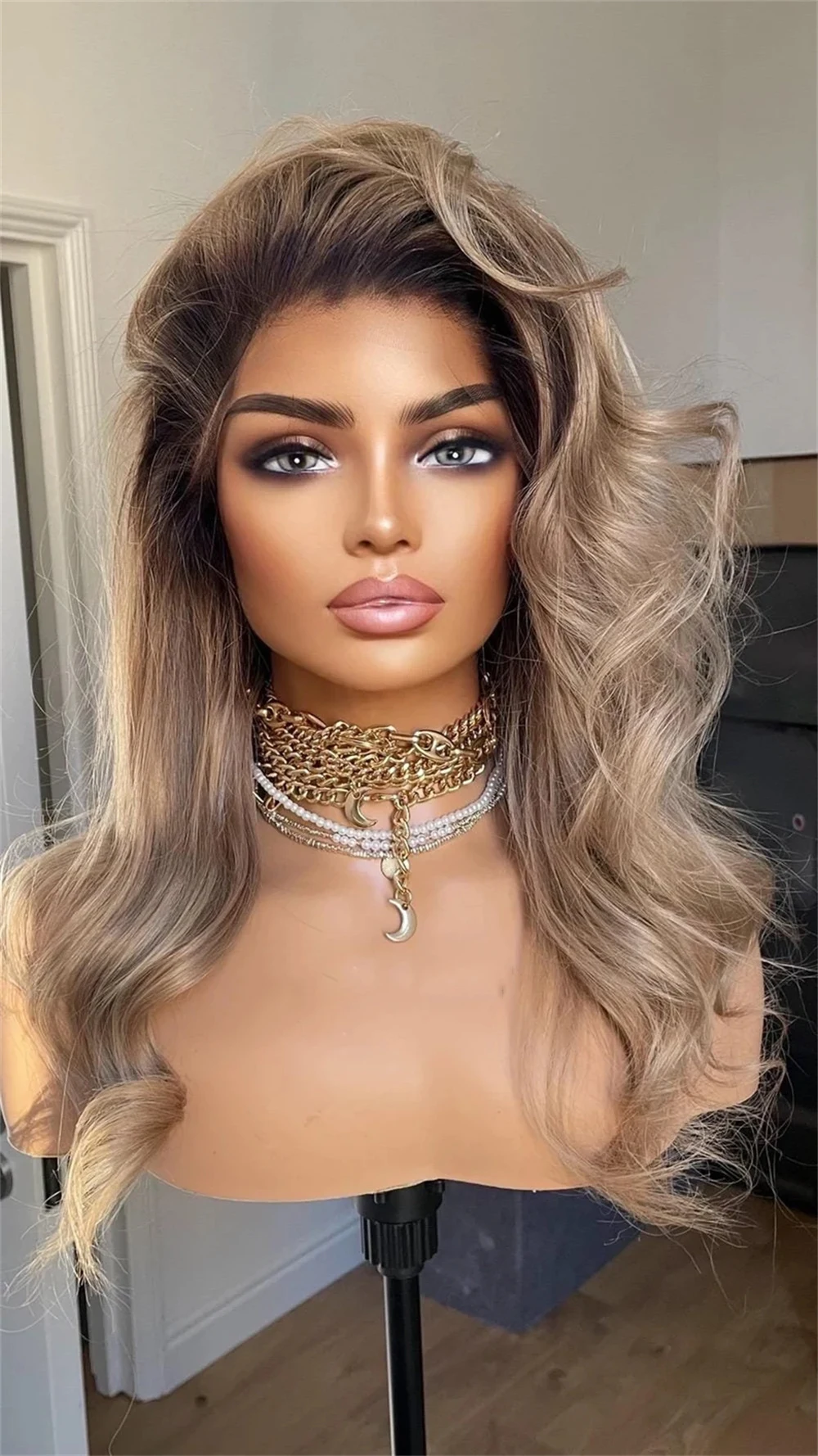 

Dark Ash Blonde Human Hair Blend HD Lace Frontal Wig With Dark Roots Free Part Synthetic Wig 18 Inches Small Cap Size Wig