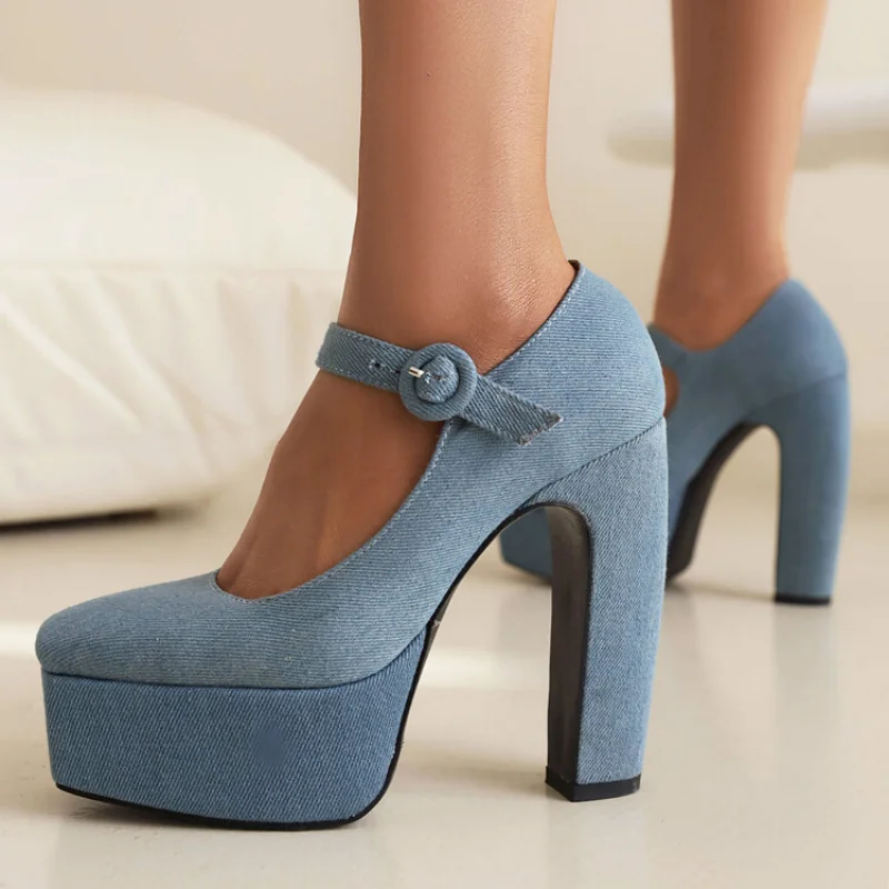 spring autumn New styles fashion Square head high-heeled Women Shoes Solid color Denim Buckle Square heel Mary Jane Women Shoes