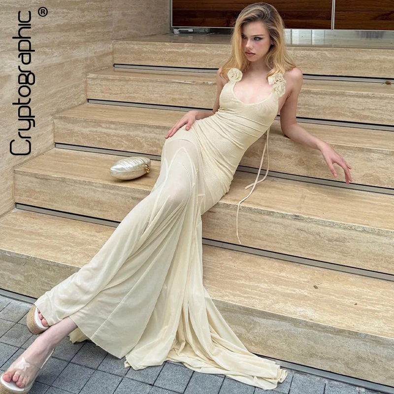 

Cryptographic Floral Applique Sexy Maxi Dress Fashion Outfits Summer Halter Neck Plunge Backless Mesh Sheer Dresses Coquette
