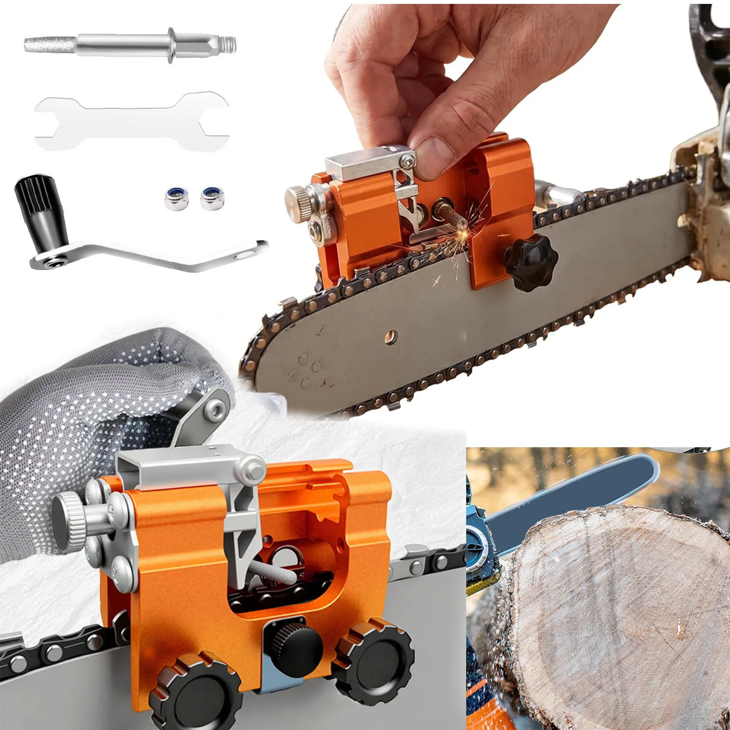 Hand Crank Chain Saw Sharpener Tool Kit, Universal Chainsaw Blade Sharpening Attachment with Grinding Burrs, for All Chain Saws