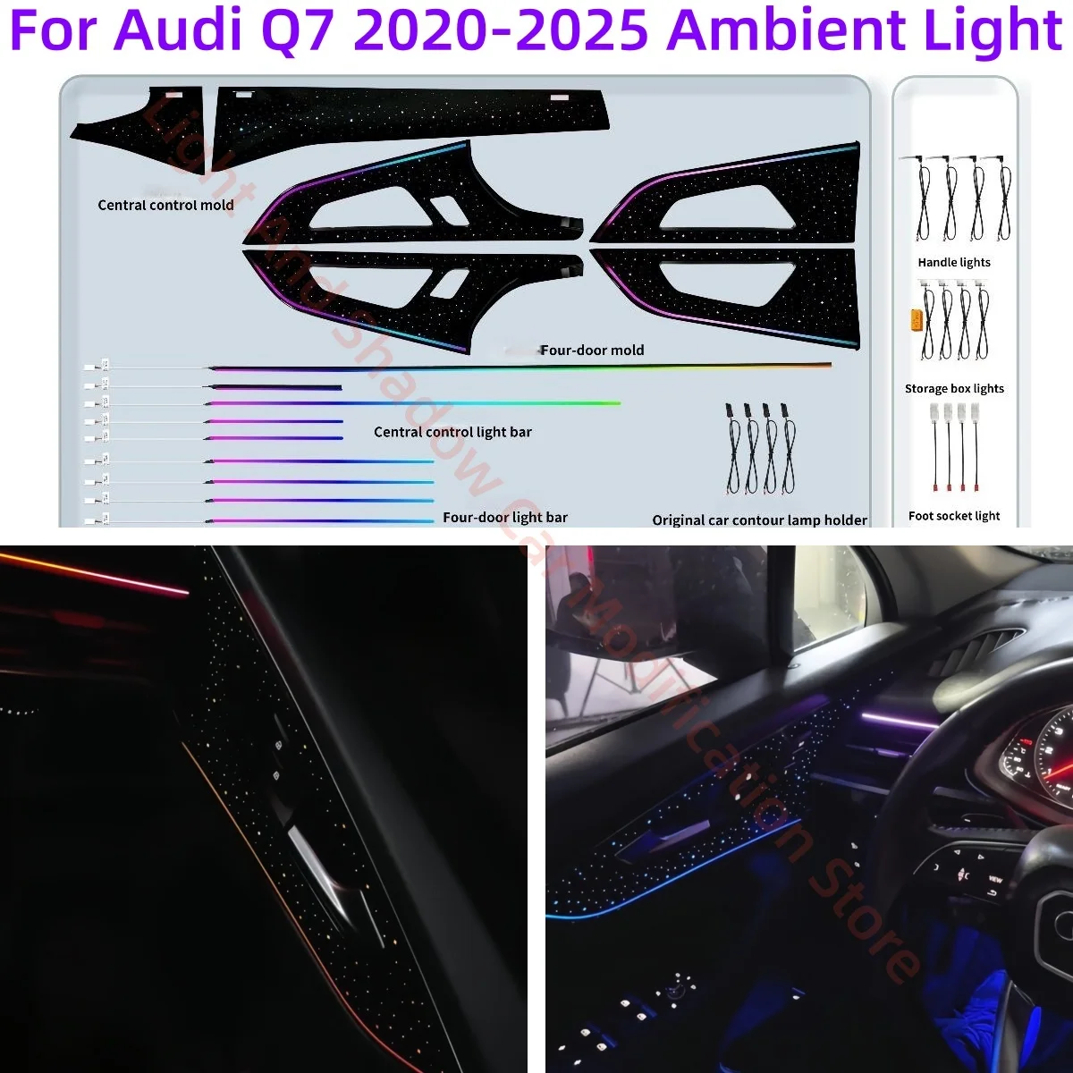 

Светодиодный атмосферный светильник, подходящий для Audi Q7 2020-2025, автомобильное внутреннее освещение, обновление автомобильных аксессуаров, фары, окружающий свет, новинка