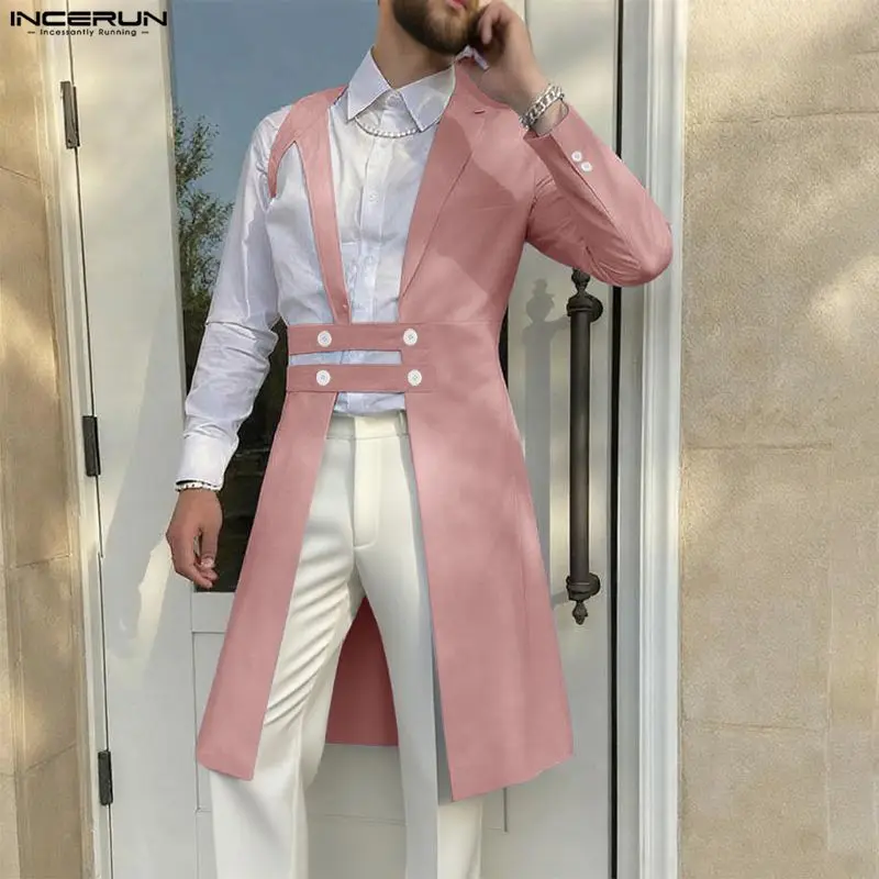 INCERUN Men Irregular Blazer Solid Lapel Long Sleeve Long Style Blazer Streetwear Hollow Out Double Breasted Fashion Male Suit