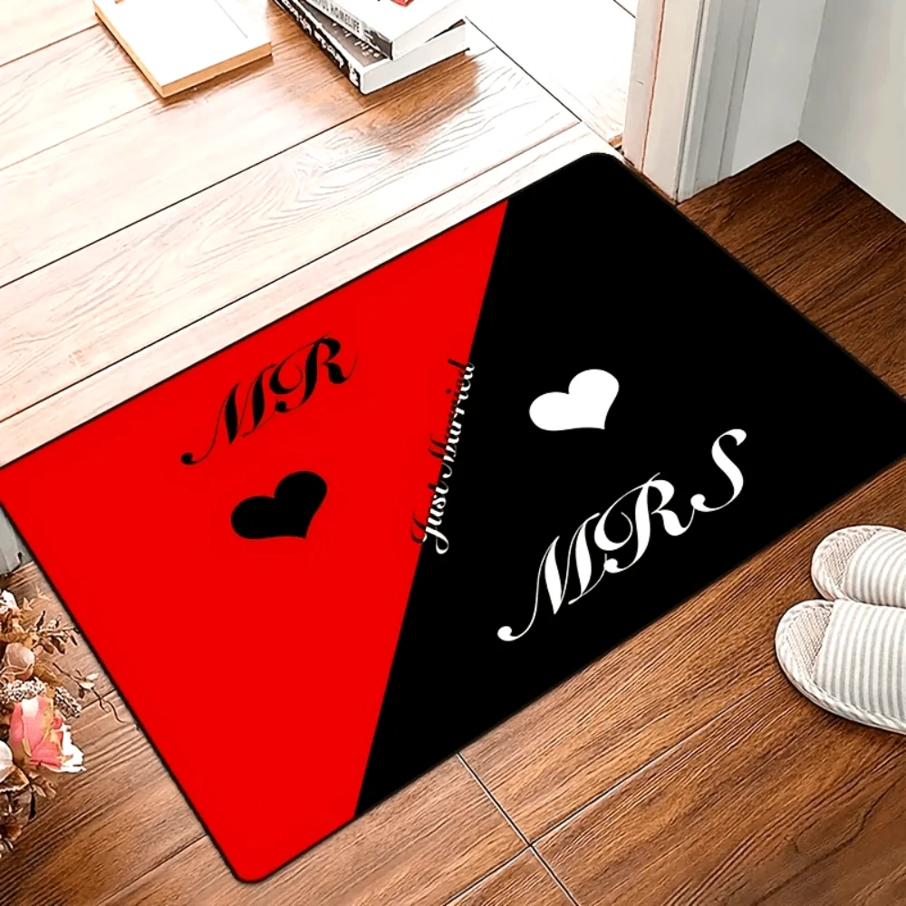 VIKAMA Red Black Just Married Rug Entrance Bedroom Romantic Decorative Floor Mat Skin-Friendly Durable Machine Washable