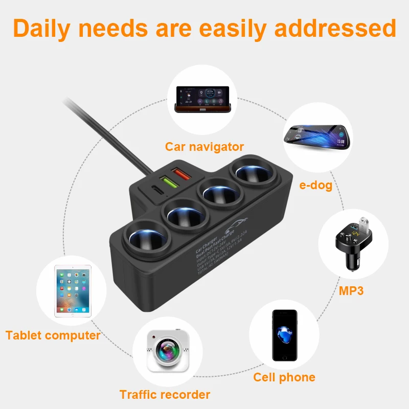 120W high power car charger USB C/ one tow four plug converter Car socket support Apple, Samsung, Xiaomi, Huawei,