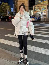 White Short Thickened Down Jacket Winter New High Quality Fashion Casual Hooded Ribbon Stitching White Duck Puffer Coat Women