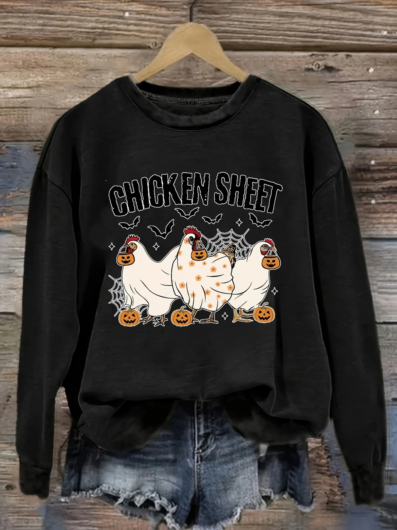 Women's Casual Long Sleeve Crew Neck T-Shirt Chicken Sheet Halloween Pumpkin Print Design, Round Neck Women's Clothing, Machine Washable, Slightly Elastic, Loose Fit, Spring Autumn Winter Women's T-Shirt, Halloween Costume Outfit