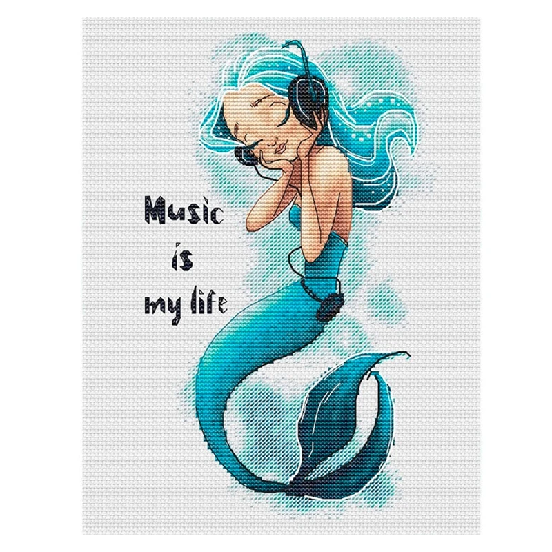 

Cross-stitch set: Mermaid Cartoon for Listening to Music, 28ct, 18ct, 14ct, 11ct. You can choose the printed fabric hand-embroid
