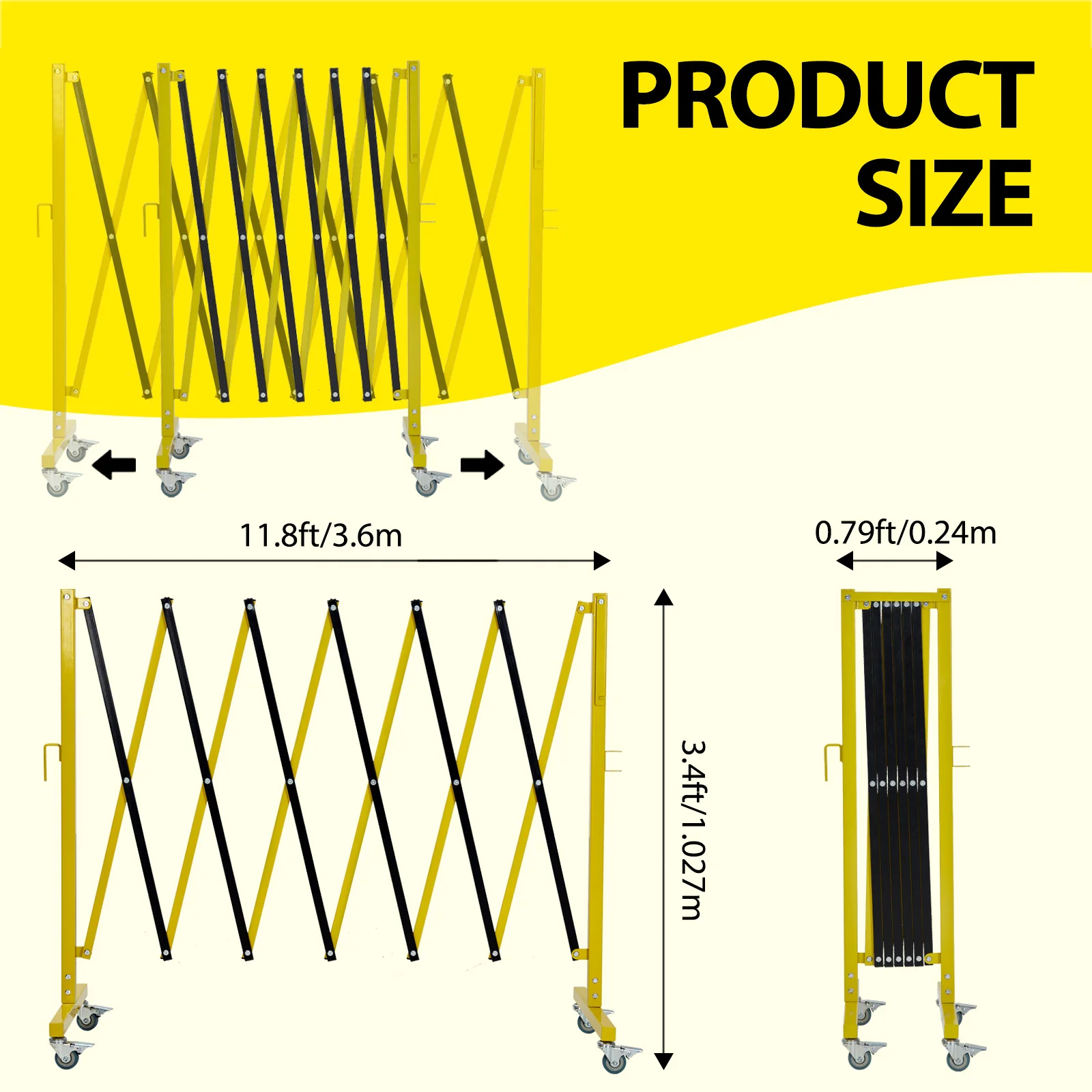 Industrial Expandable Metal Barricade, 11 Feet, Mobile Safety Barrier Gate, Retractable Traffic Fence With Warning Board Casters