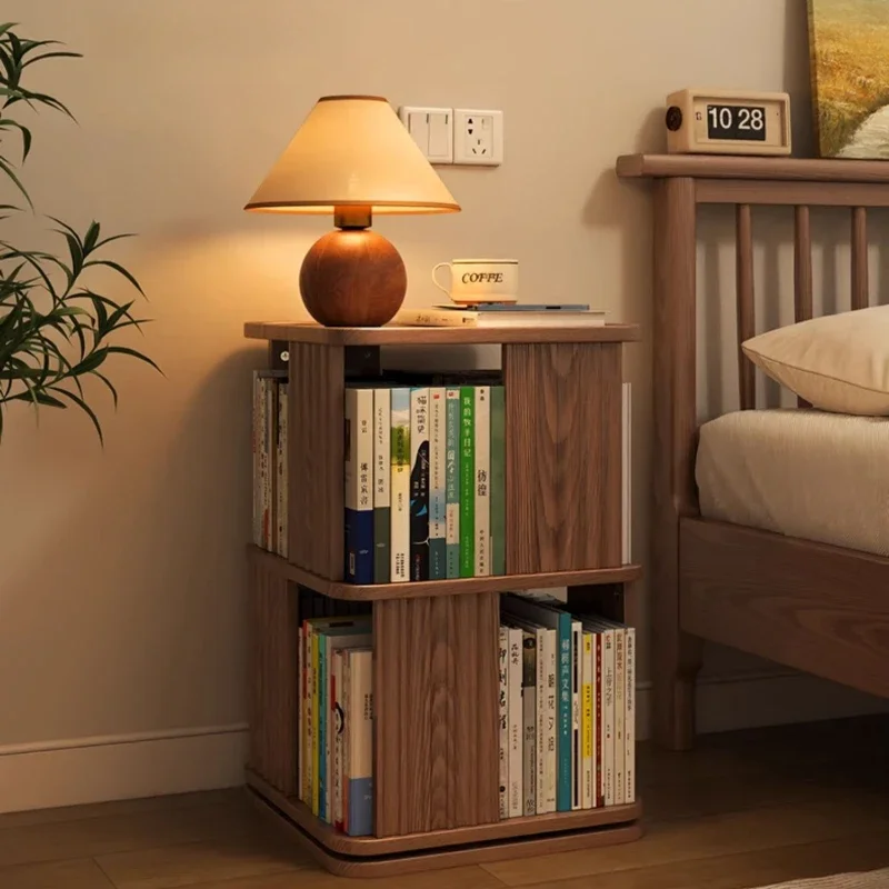 

Rubberwood Bedside Table Space-Saving Nightstand Rotating Organizer Vertical Piano-Key Design Bookshelf for Bedroom