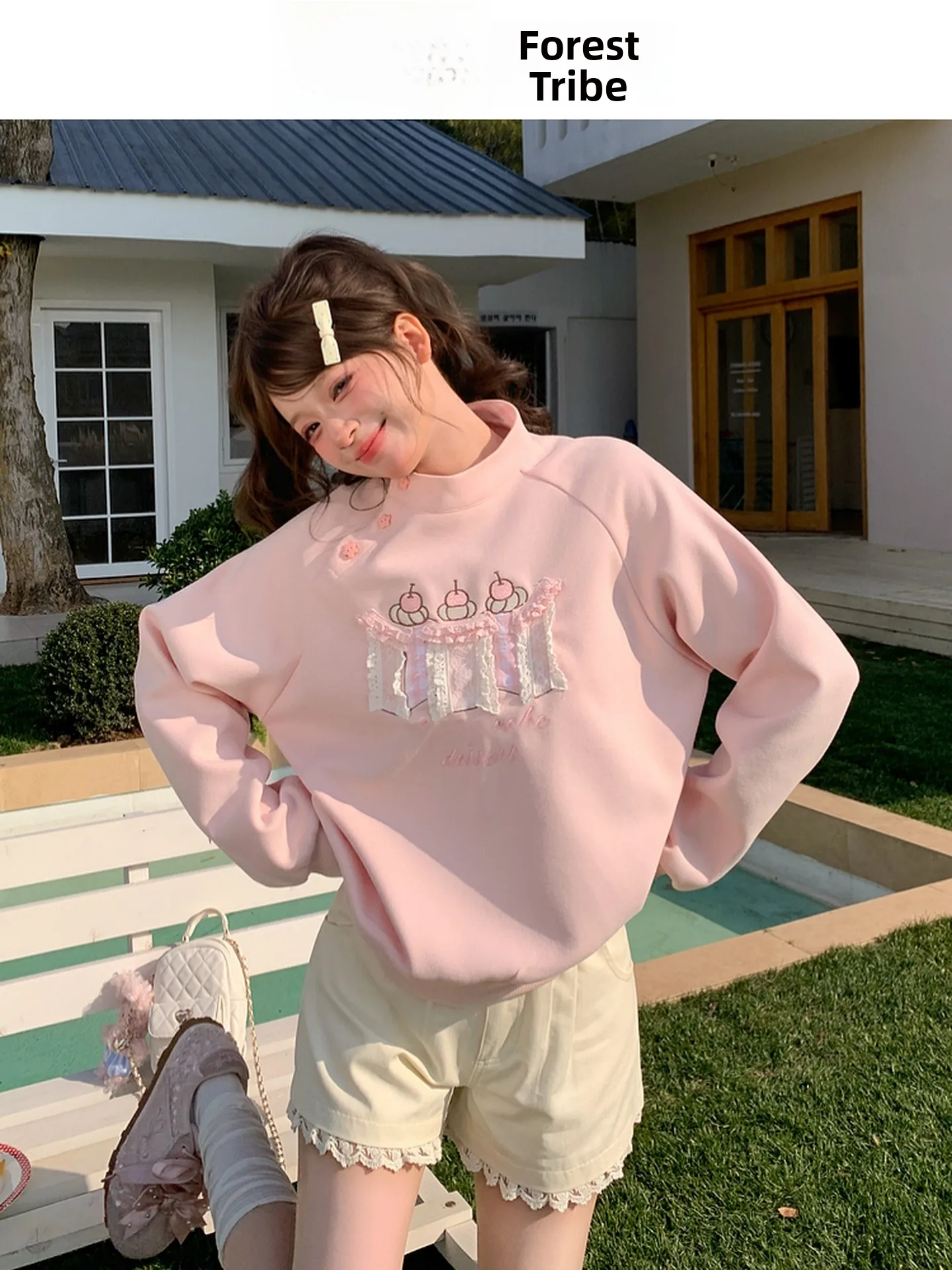

Sweet Style Embroidered Loose Fit Sweatshirt Women's New Spring Versatile Slimming Top High Collar Comfortable Cotton Blend