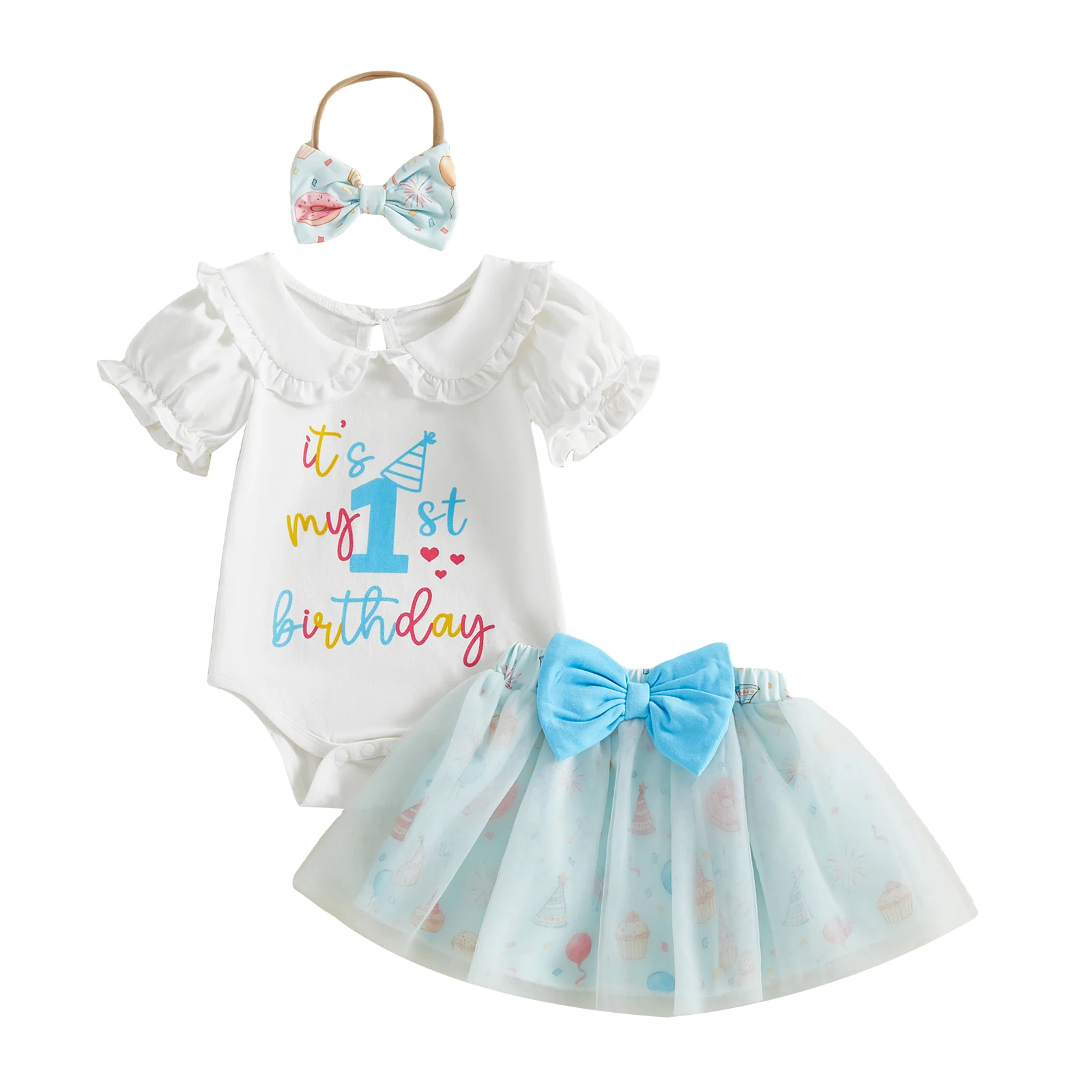 

Наряд для первого дня рождения для маленьких девочек, комбинезон с пышными рукавами и буквами, тюлевая юбка-кекс и повязка на голову с бантом, комплект из трех предметов