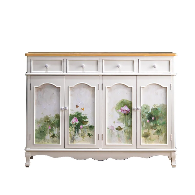 

American rural pastoral hand-painted entrance cabinet, home shoe , large-capacity solid wood storage, living room dining side