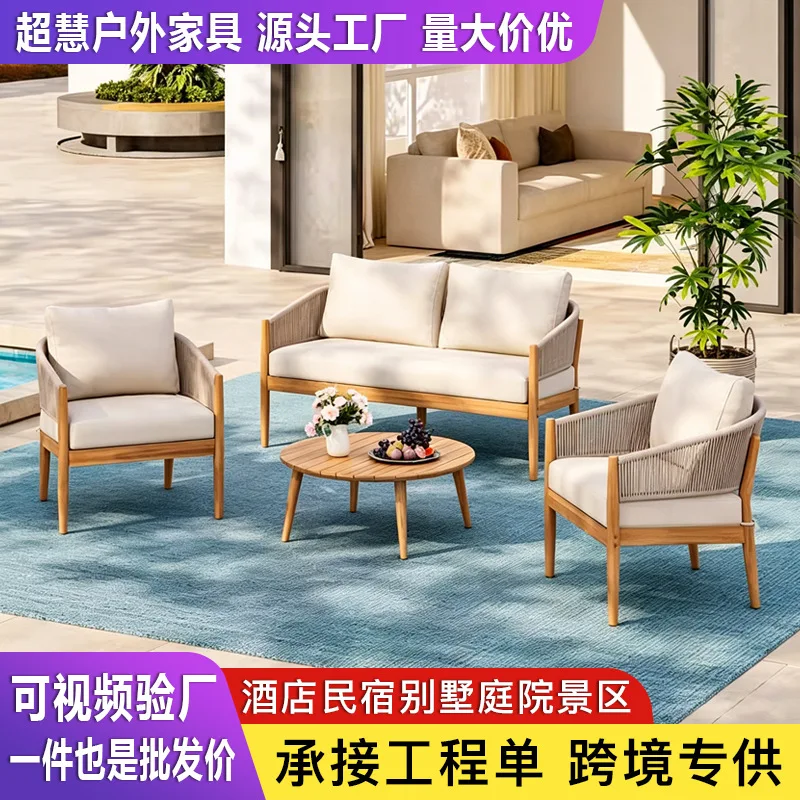 Cross-border Villa Outdoor Solid Wood Sofa Coffee Table Combination Courtyard Garden Hotel Terrace Outdoor Leisure Teak Sofa