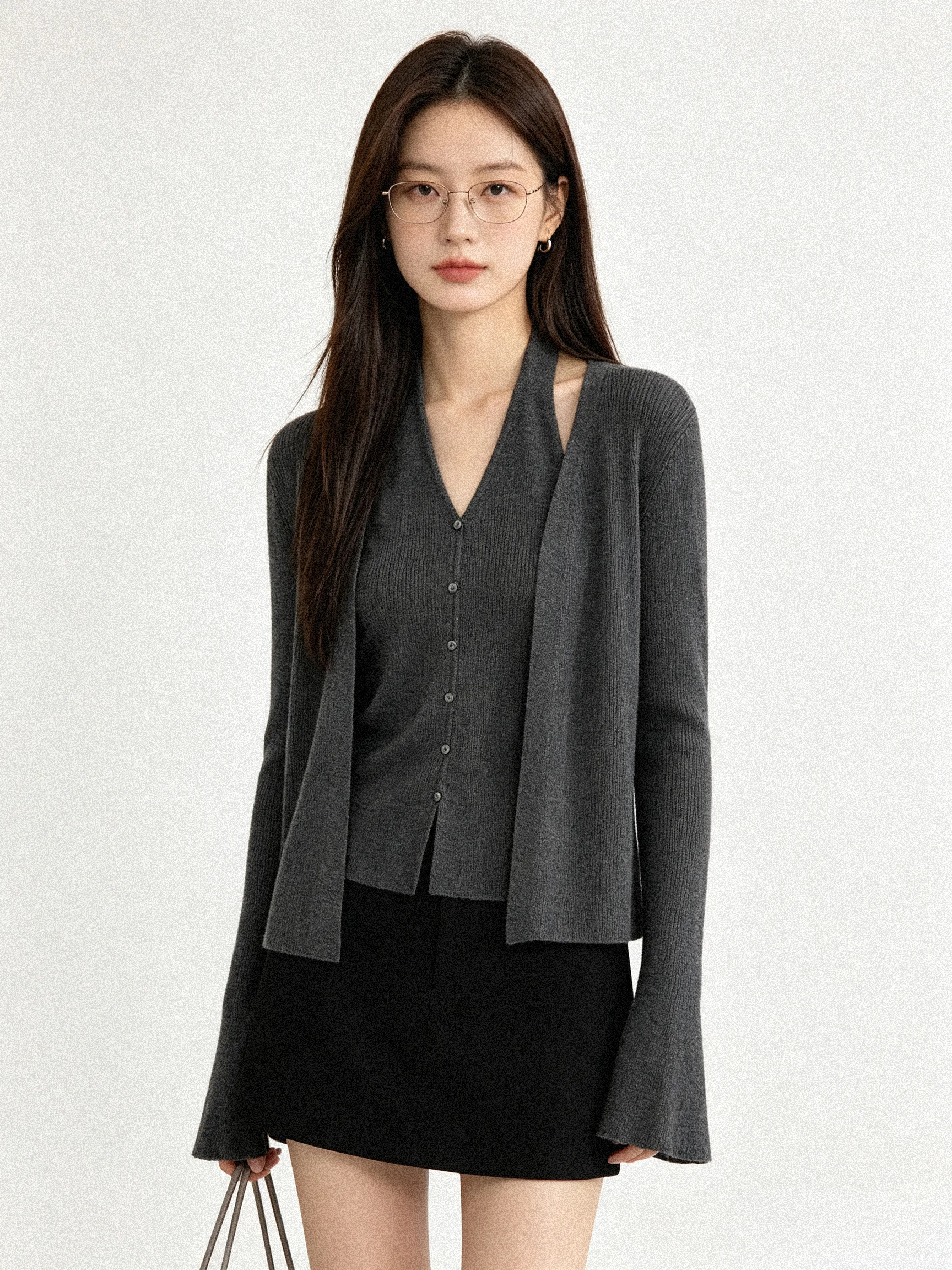 Korean Style Sweet Neck Hanging Strap Knitted Cardigan Sleeveless Vest with Bell Sleeves Two-Piece Set for Early Autumn
