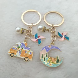 Cute Vacation Bus Sun Moon Windmill Snow Mountain Forest House Car Keychain Men Women's Couple Backpack Bag Pendant Jewelry Gift
