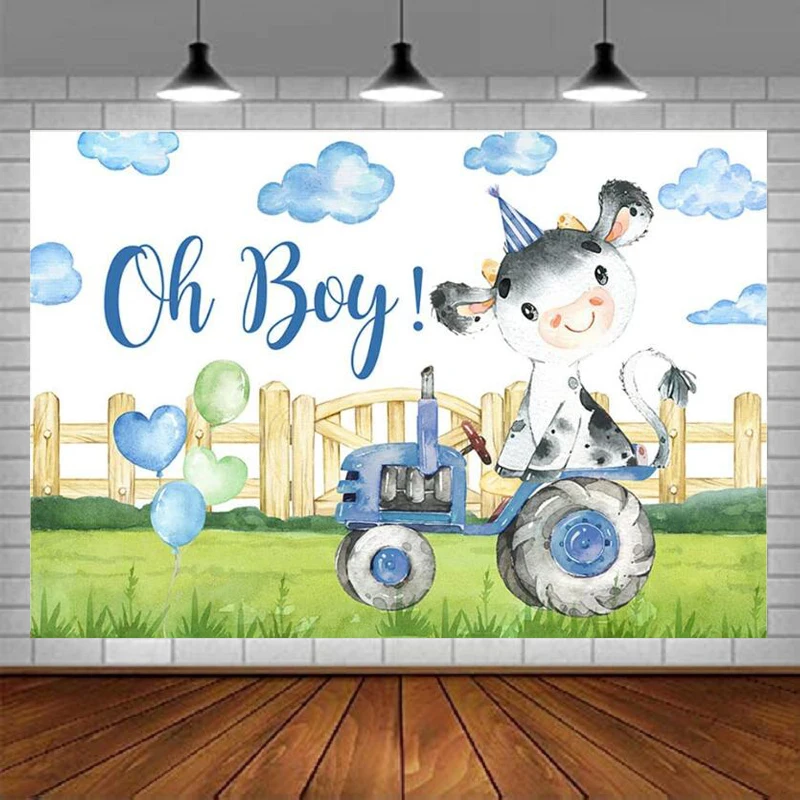 Holy Cow Photography Backdrop For Boy Green Grass Blue Tractor Clouds Background Farm Theme Oh Boy Baby Shower Decorations Props