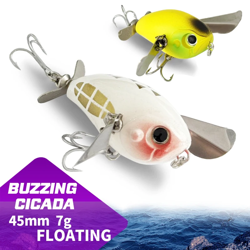 Señuelo de Pesca Bionic Cicada 45mm 7g, Señuelo de Superficie Realista con Dos Alas Metálicas Tipo Cuchara, Wobblers