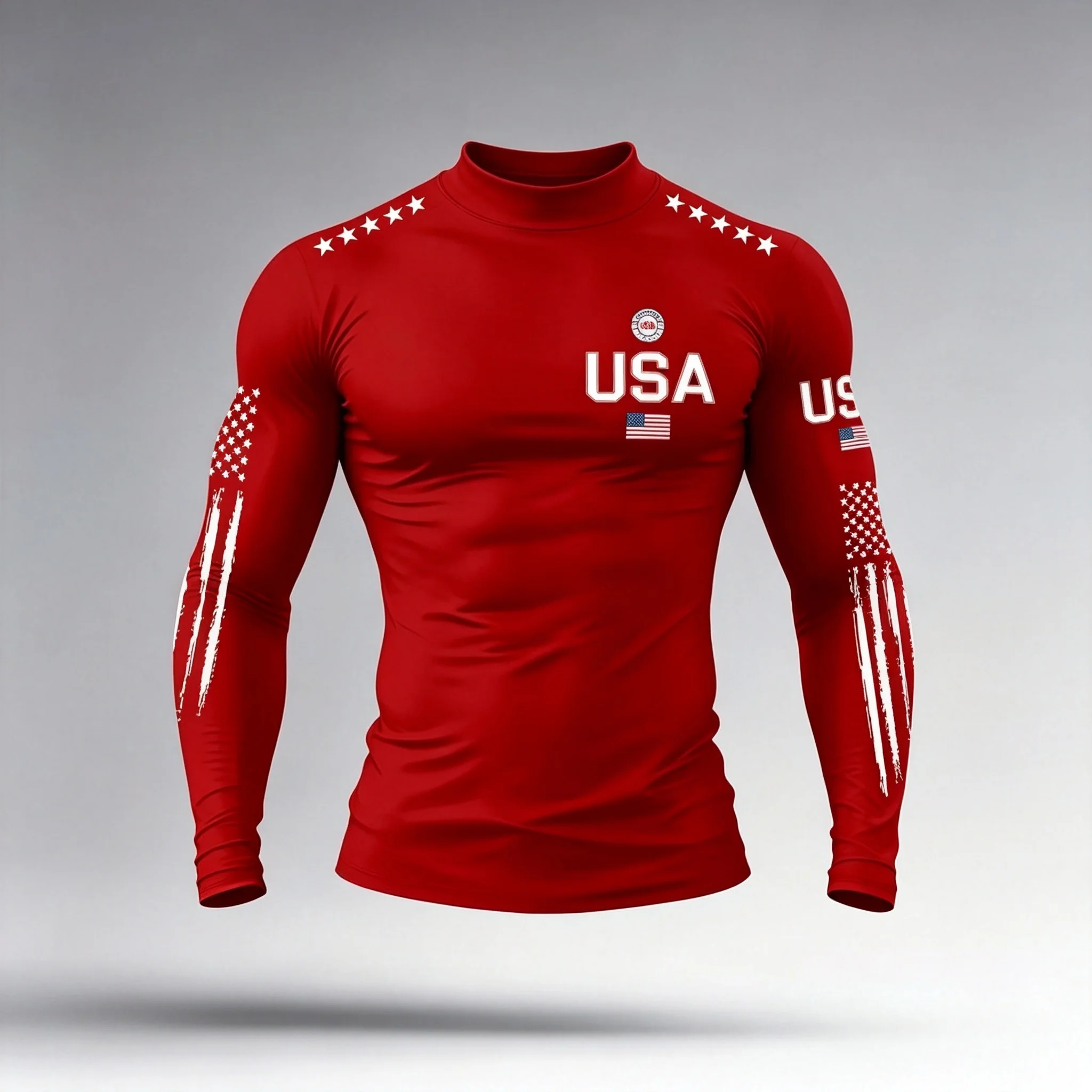 Men's USA Star Stripe Printed Mock Neck Long Sleeve Compression Shirt Quick Dry Fitness Gym Running Athletic Sports Tight Top
