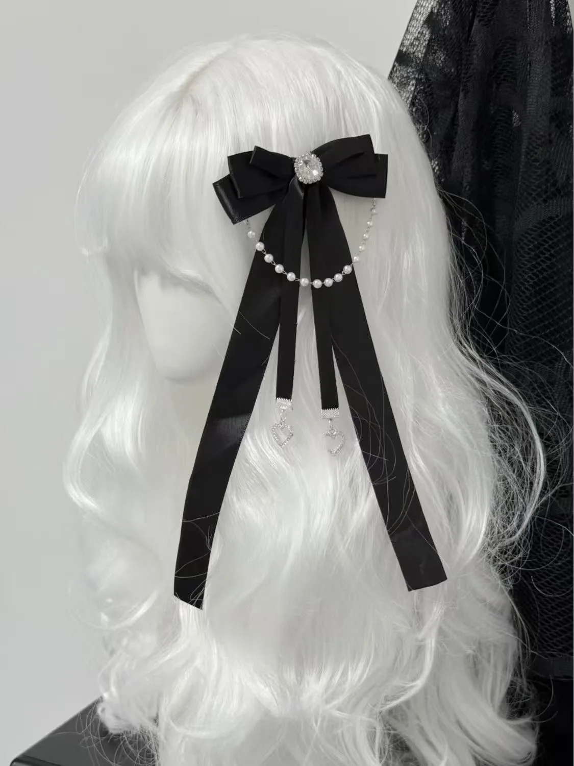 Pinces à cheveux Style japonais JK, ruban à nœud noir élégant, fausse chaîne de perles, Double queue de cheval tressée, accessoires pour cheveux