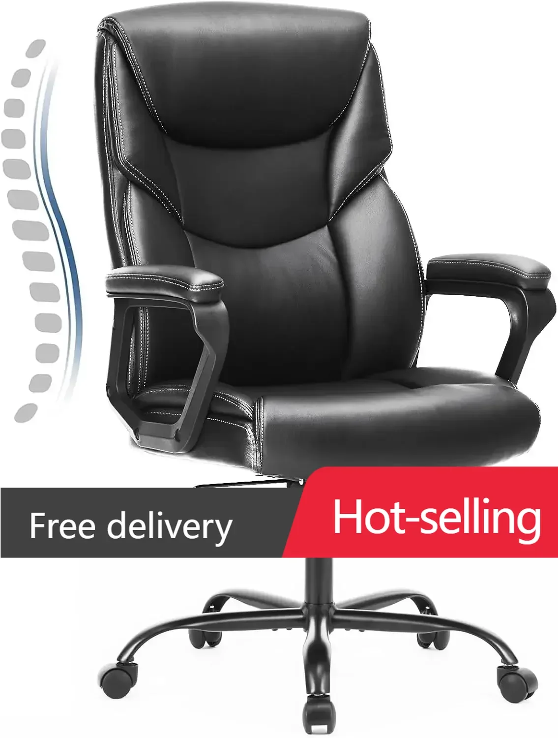 

Office Chair with Ergonomic Padded Armrest, Lumbar Support, Strong Metal Base PU Leather, Black