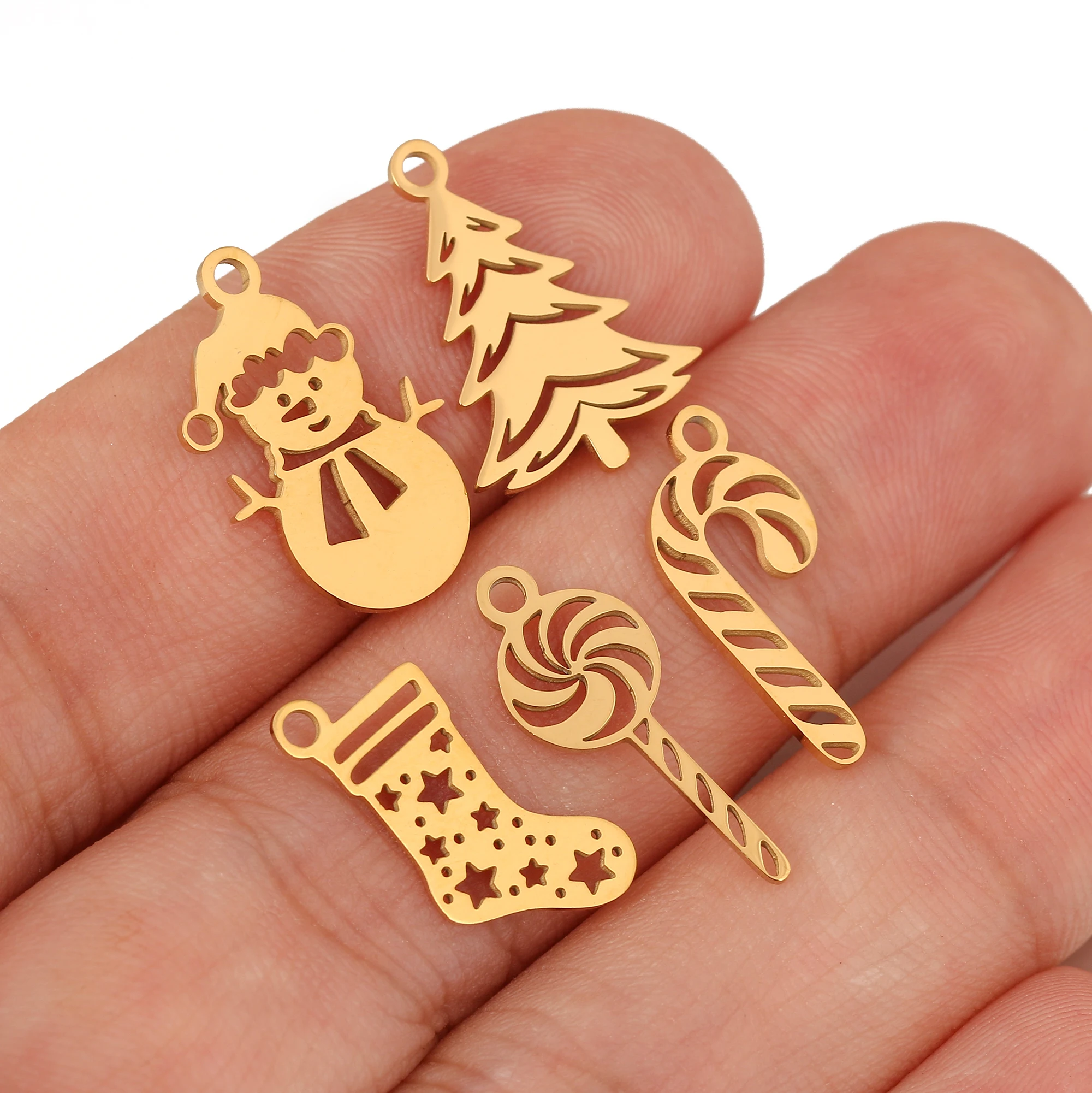 5Pcs/Lot Hollow Xmas Pendants Star Sock/Christmas Tree/Santa Claus Charm Stainless Steel DIY Necklace Bracelet Jewelry Makings - Image 4