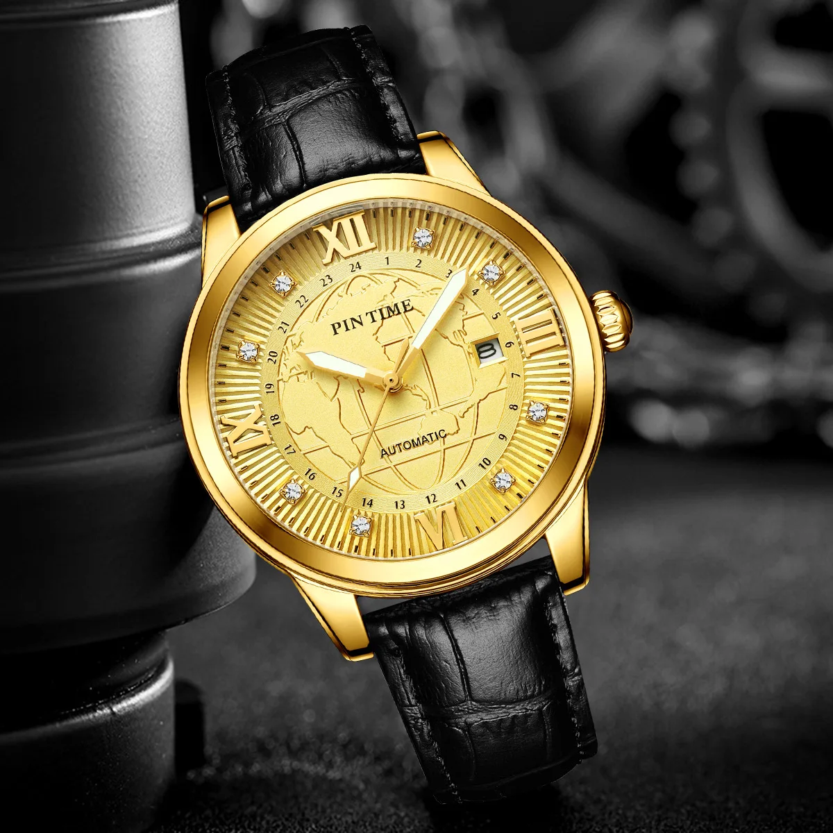 Luxury Map Pattern Mechanical Watch Men's Leather Strap Automatic Wristwatches Business Self-winding Gentleman Relogio Masculine