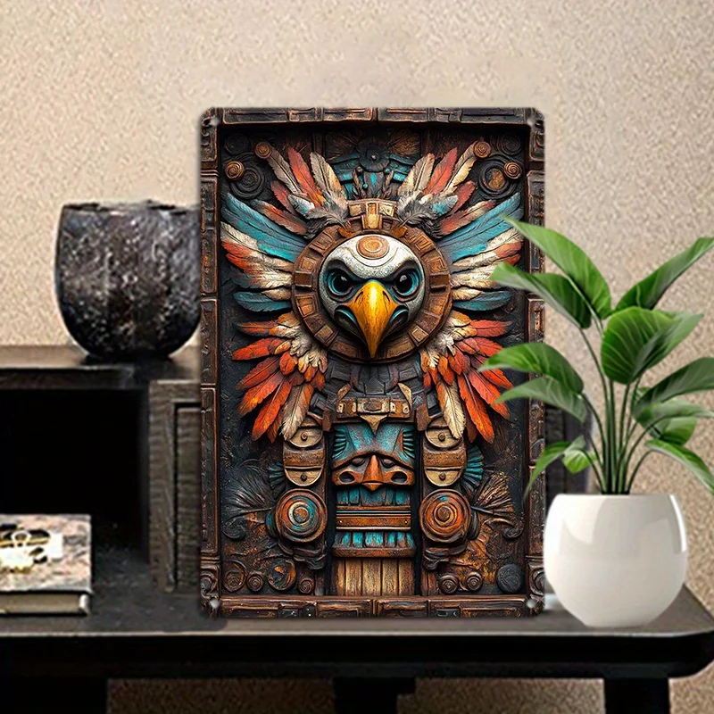 

Aluminum Totem Wall Art, Aztec-Inspired Metal Tin Sign, Weather-Resistant Indoor Decor, Pre-Drilled for Easy Hanging